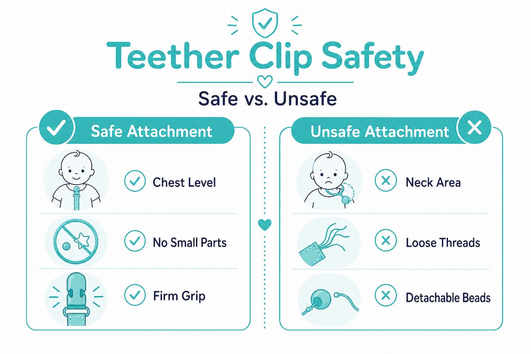 Infographic comparing safe and unsafe teether clip use