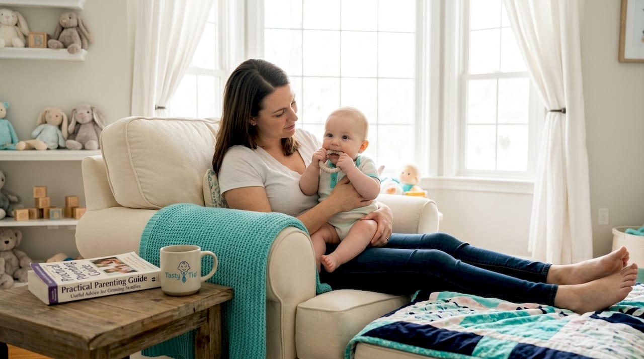 Mother comforting teething baby with teething ring