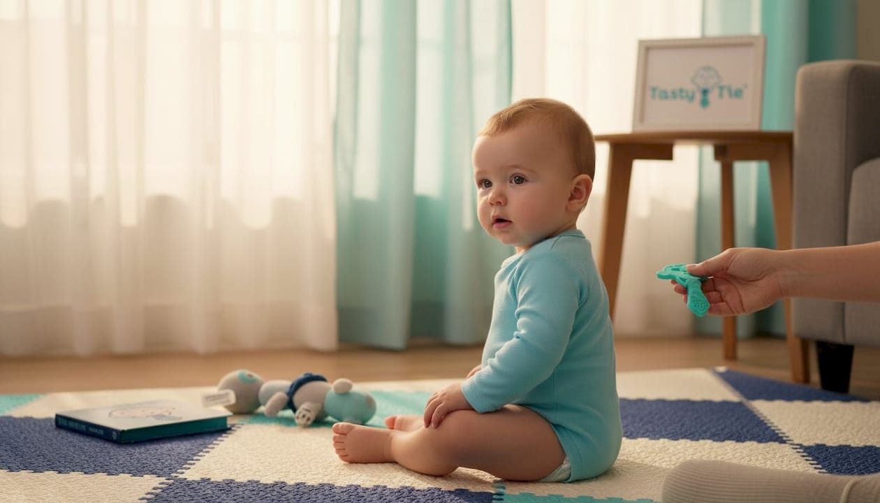 Baby boy turns away from offered silicone teether