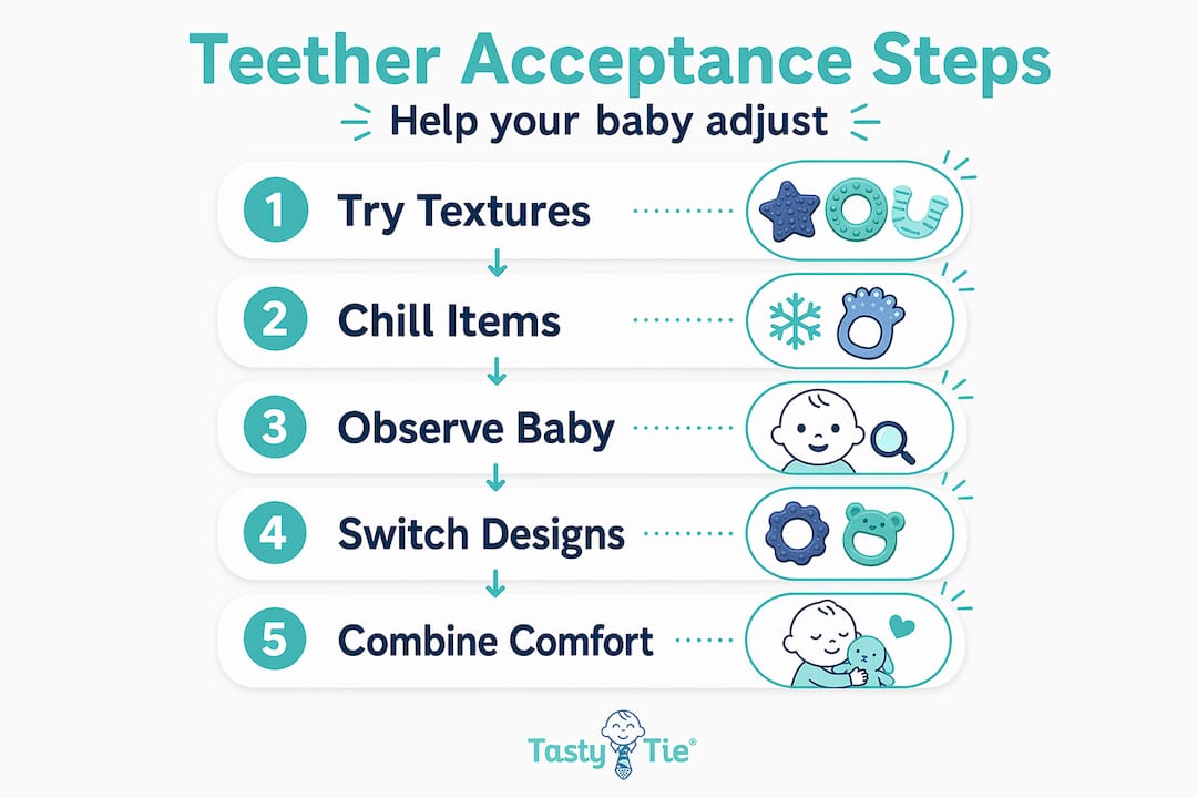 Vertical flow infographic illustrating steps for teether acceptance