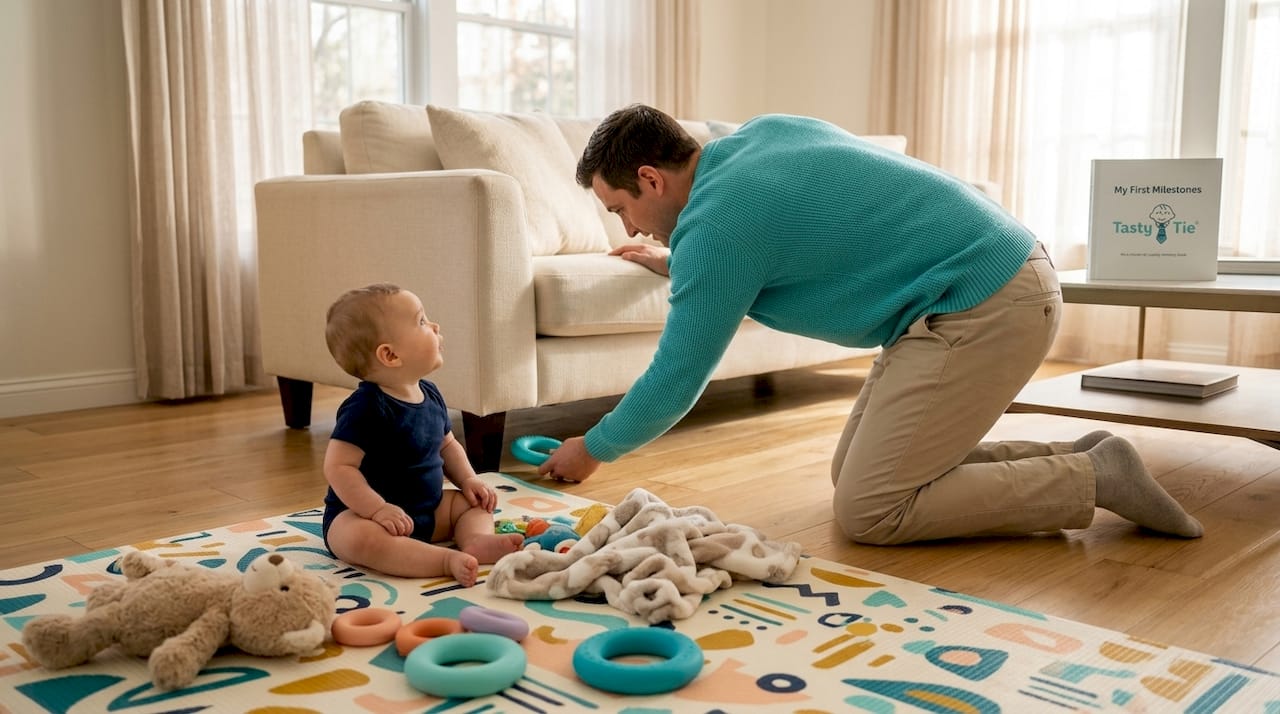 Parent picking up teether as baby watches