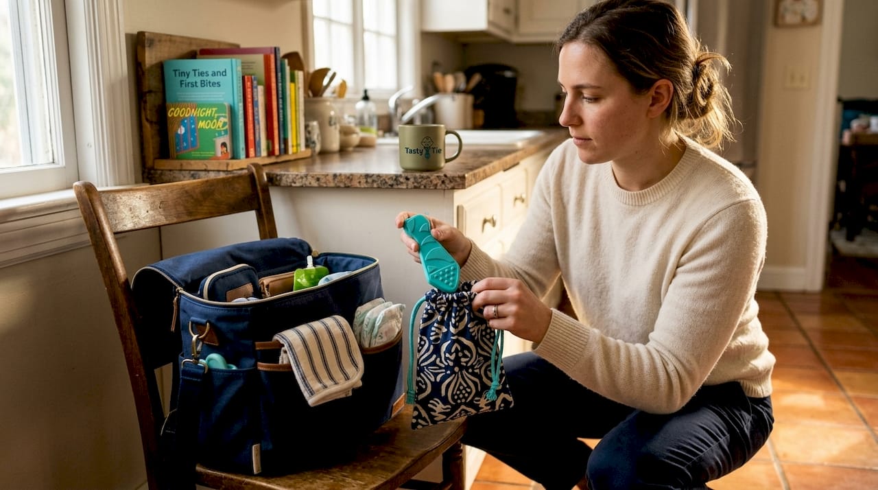 Parent packing teething toys in diaper bag by window