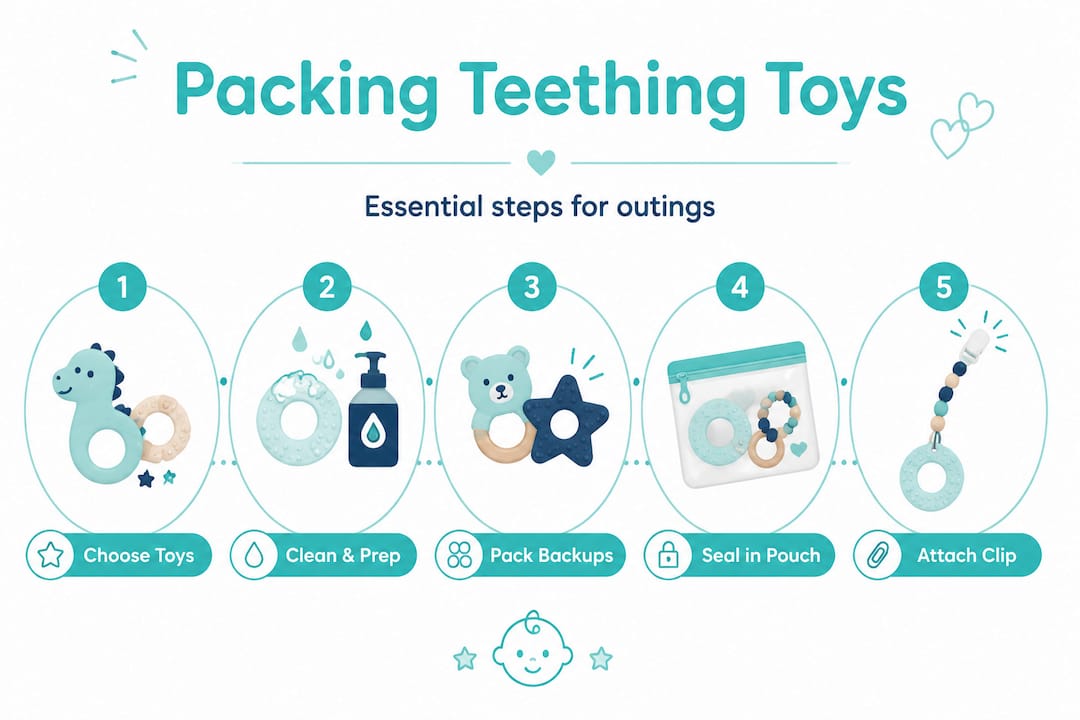 Infographic showing five steps for packing teething toys