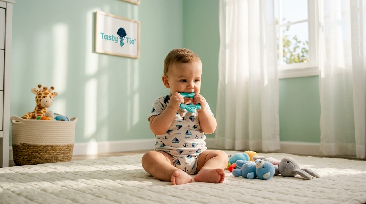 Baby boy chewing teether in bright nursery