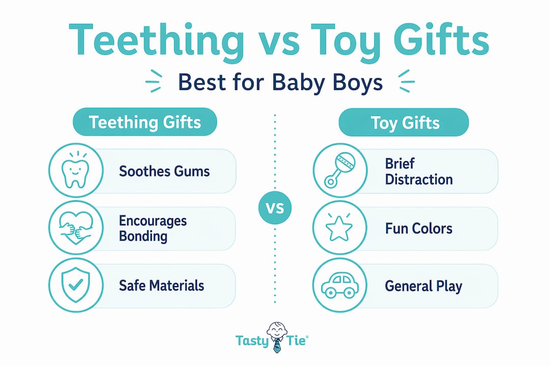 Infographic comparing teething and toy gifts for babies