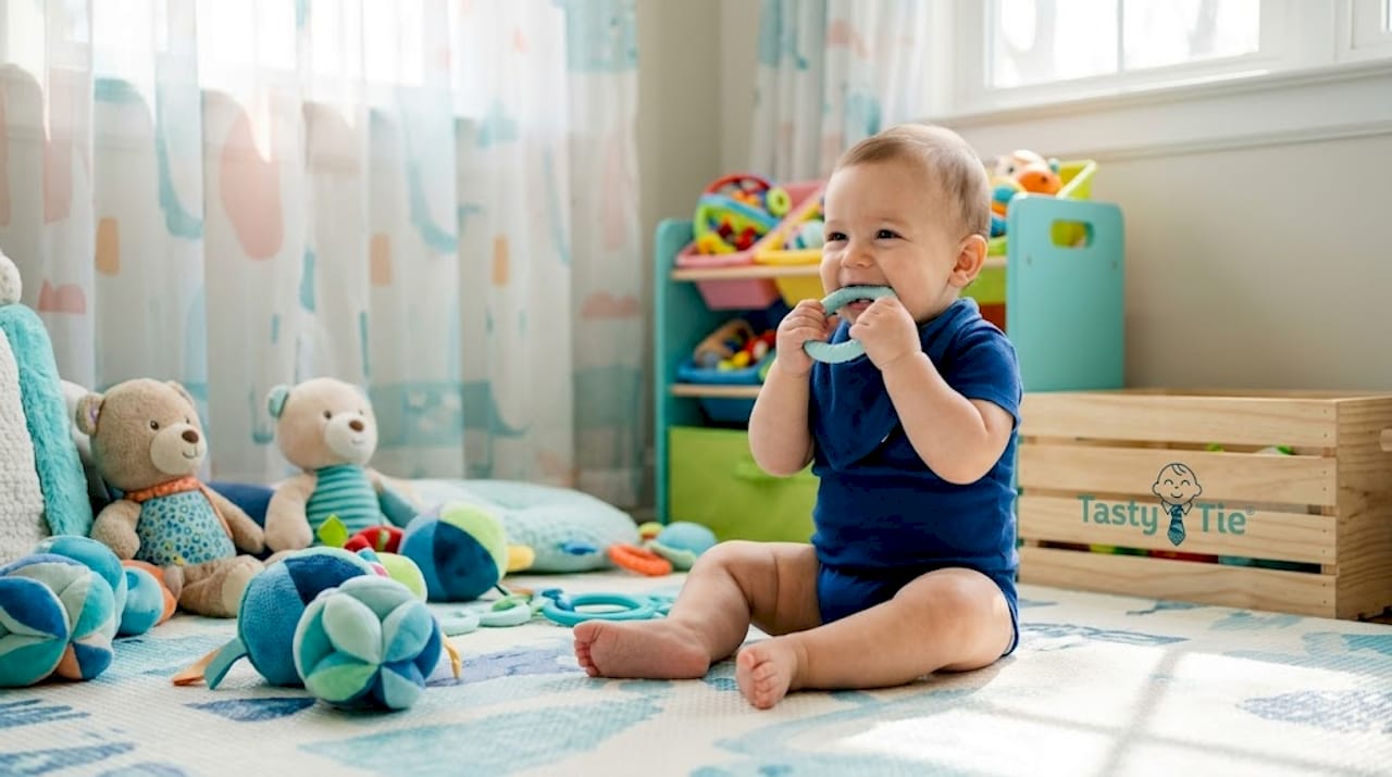 Baby soothes with teething ring on playmat