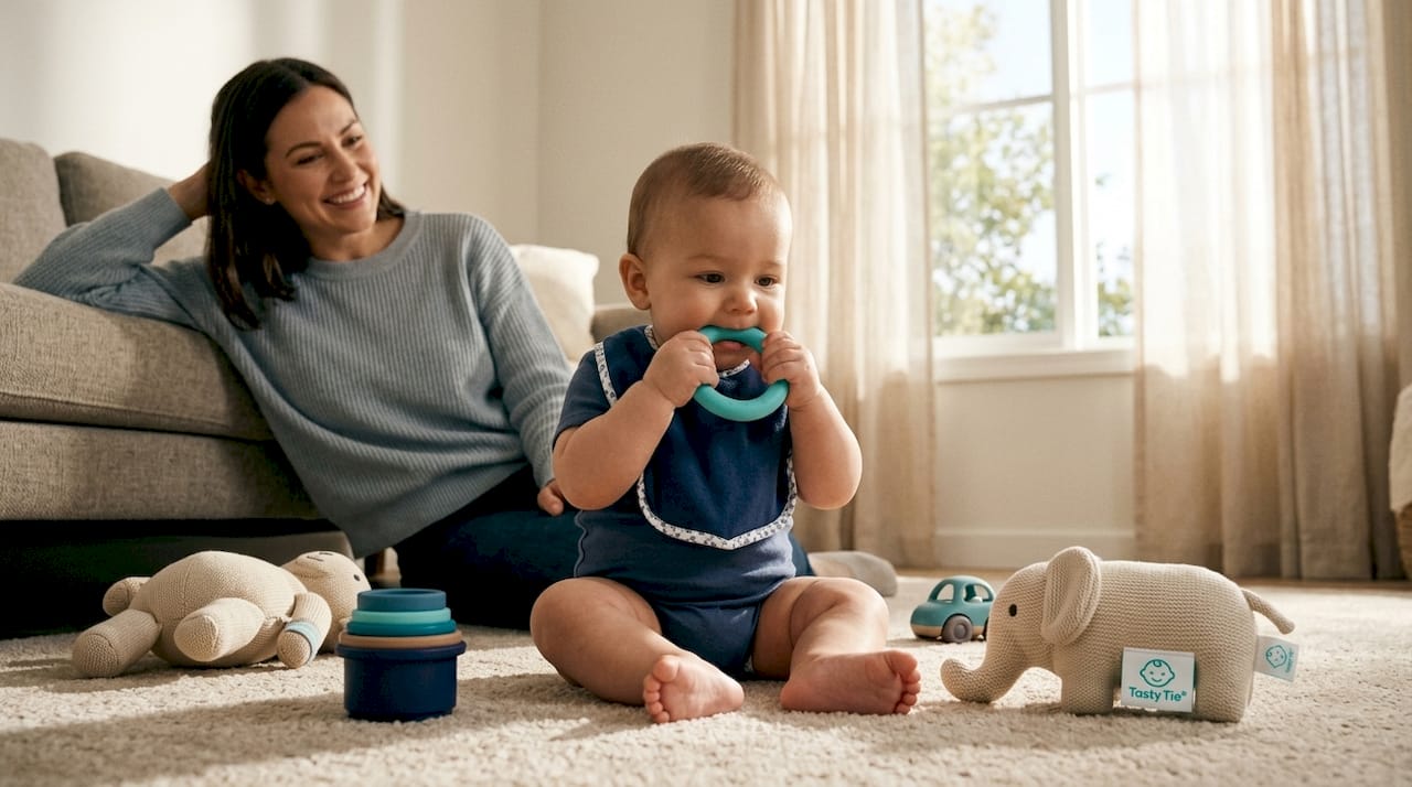 Baby chewing teether in home setting