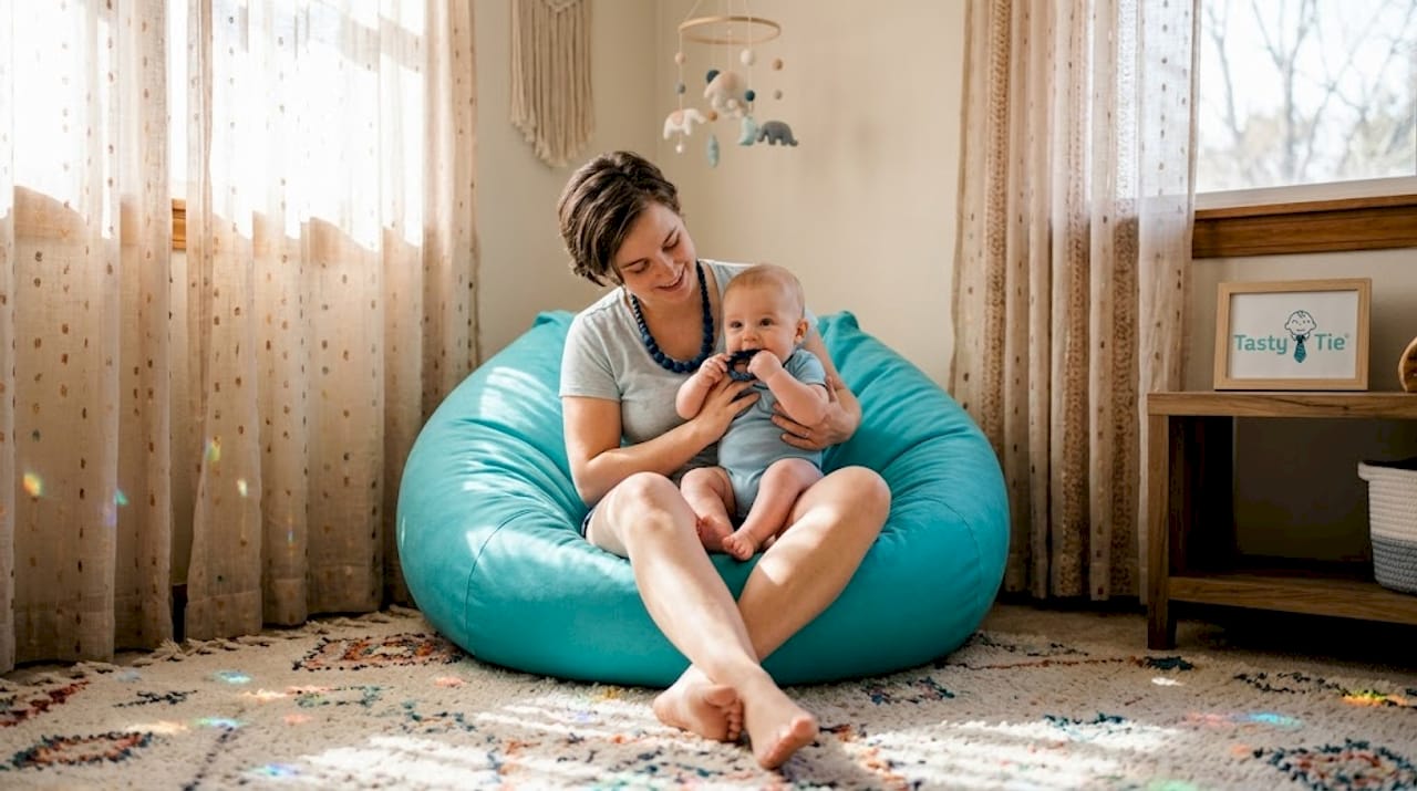 Parent and baby engaging with wearable teether