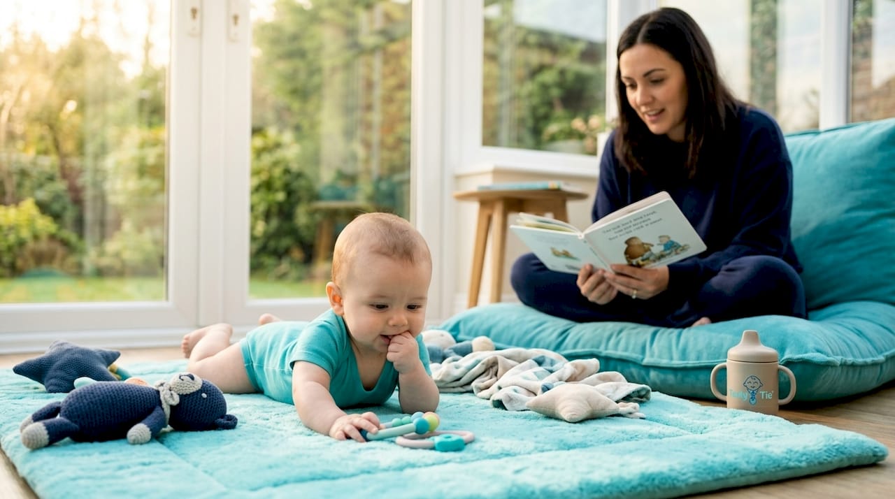 Baby boy reaching for teething ring on play mat