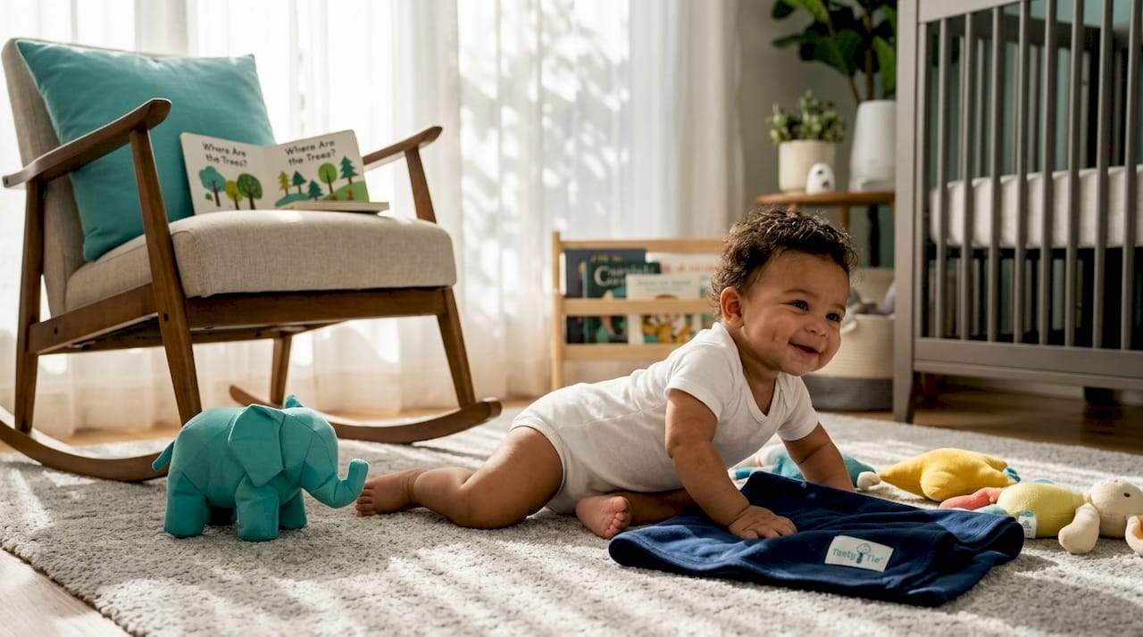 Baby boy in organic cotton onesie on rug