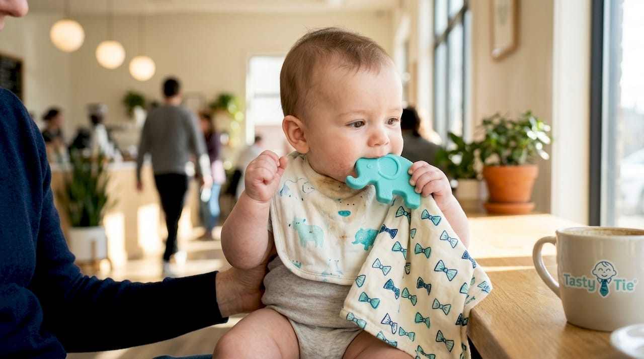 Baby boy with drool rash and damp bib