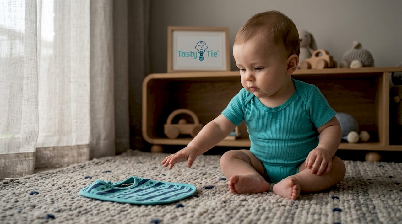 Baby boy in bodysuit reaching for bib
