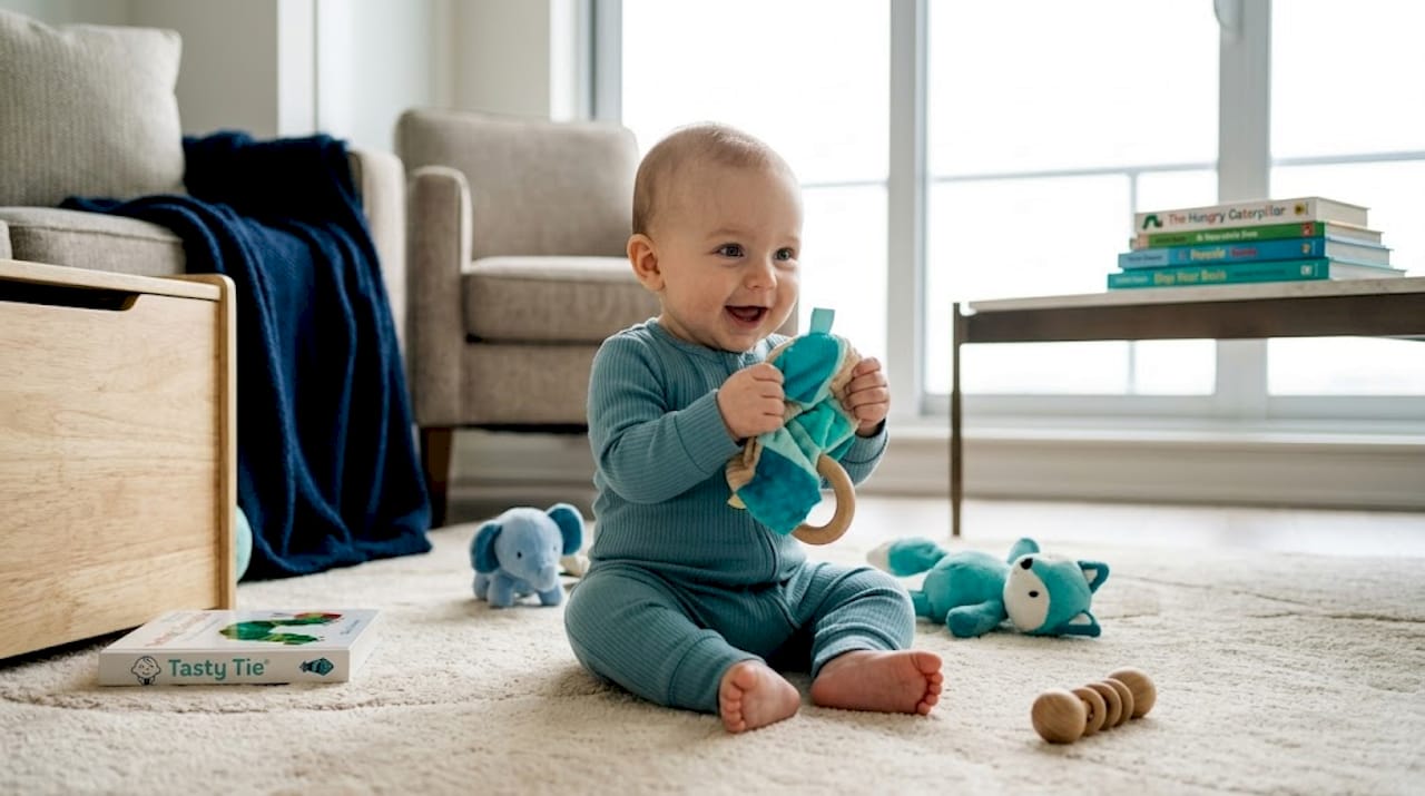 Baby exploring a crinkle teething toy