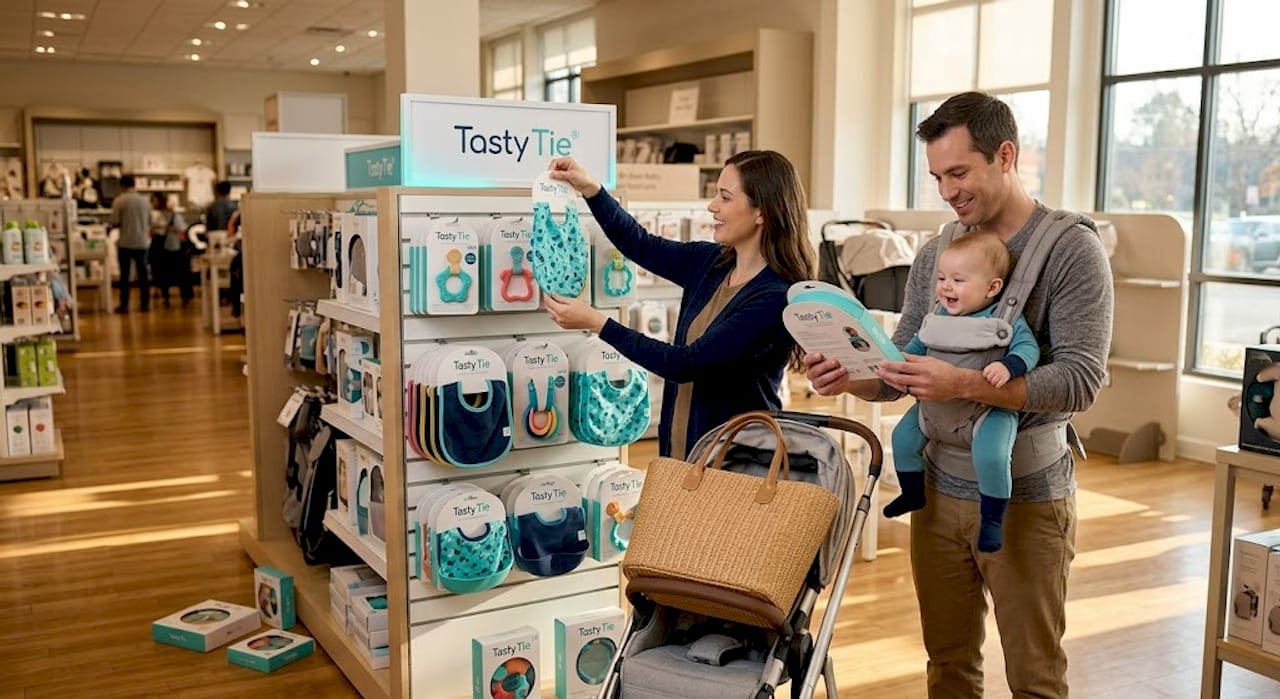 Shelf display with parents browsing wearable teethers