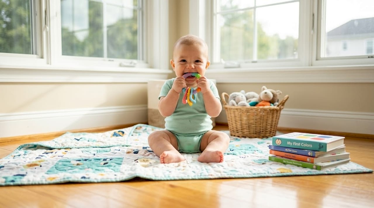 Baby boy chewing teether during first teething