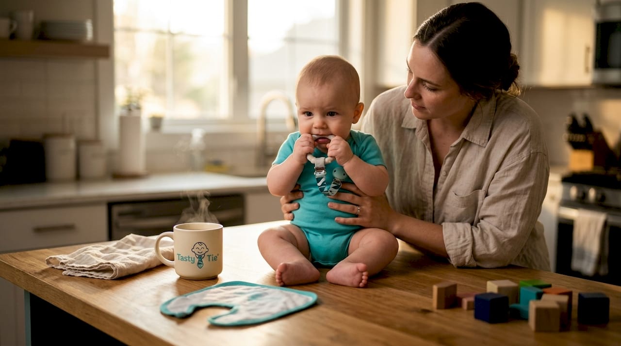 Parent and baby using clip-on teether at kitchen table