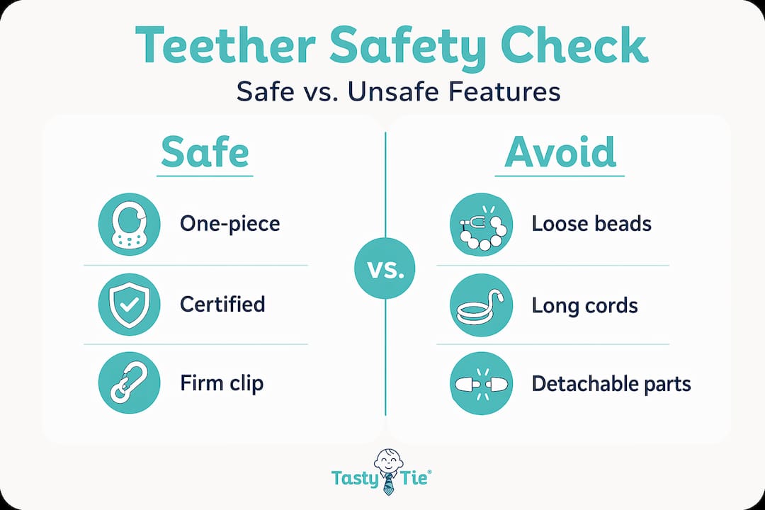 Infographic comparing safe and unsafe teether features