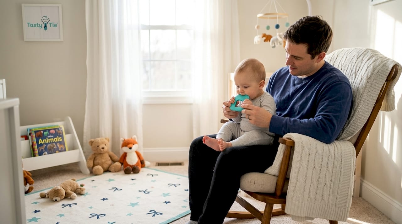 Parent soothing teething baby with silicone teether