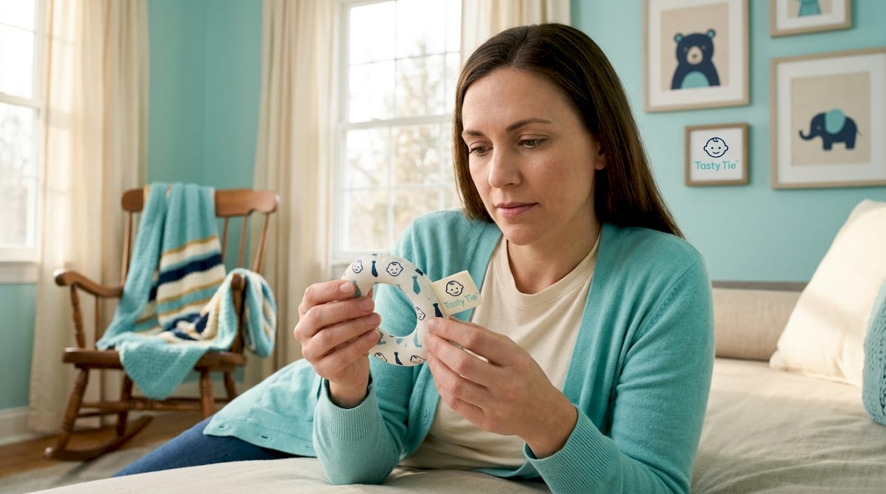 Mother inspecting organic cotton teether at home