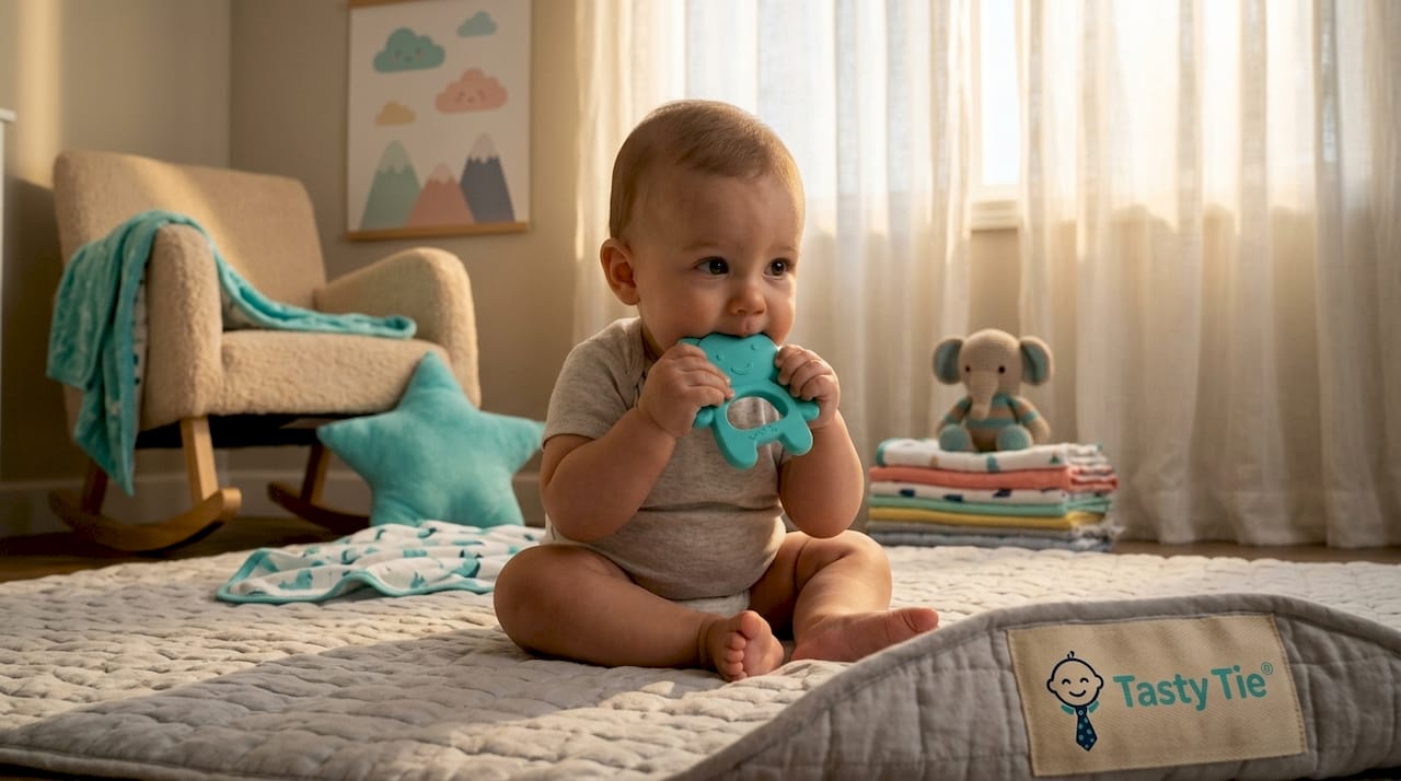 Baby boy chewing on teething toy at home