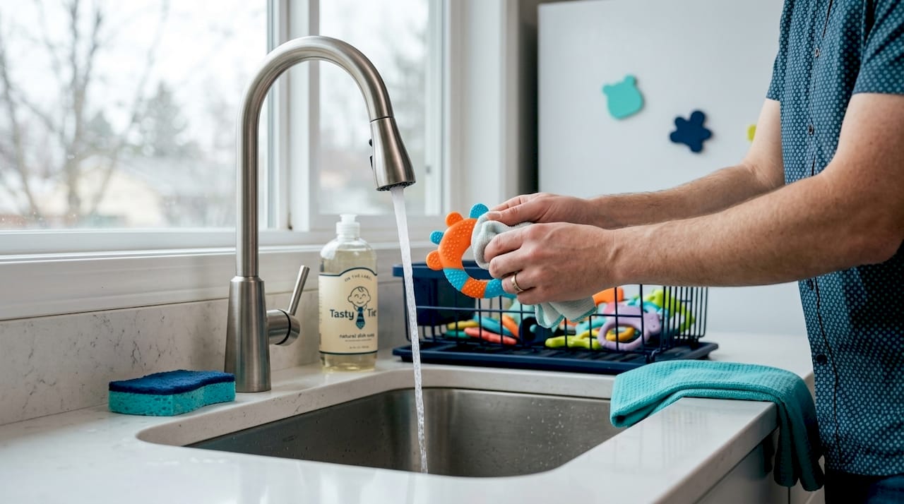 Parent cleaning teething toys in kitchen sink