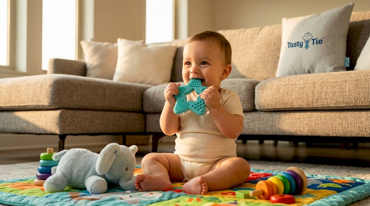 Baby chewing colorful teething toy at home