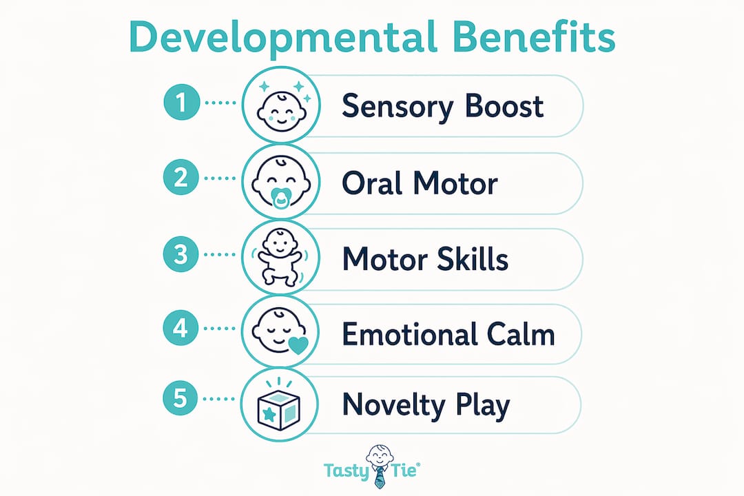 Infographic illustrating developmental benefits of teething toys
