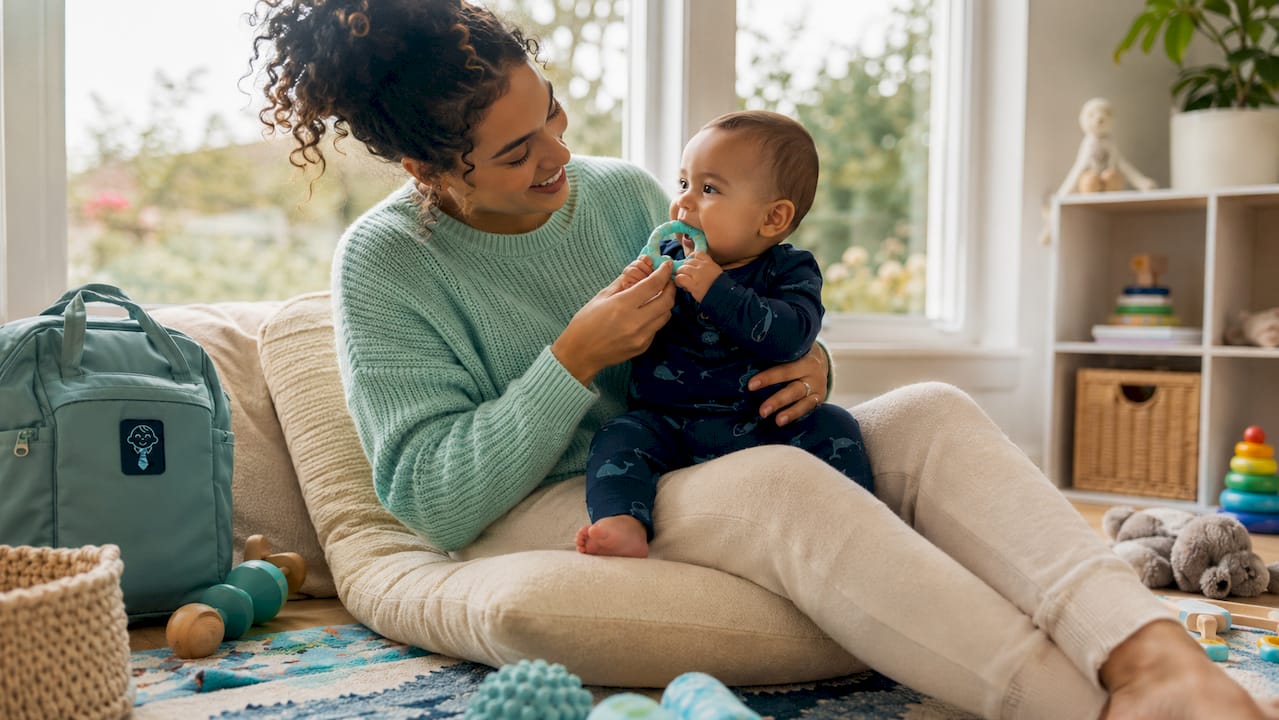 Mother soothing baby with teething ring