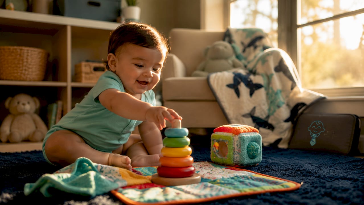 Baby reaching for wooden stacking toy