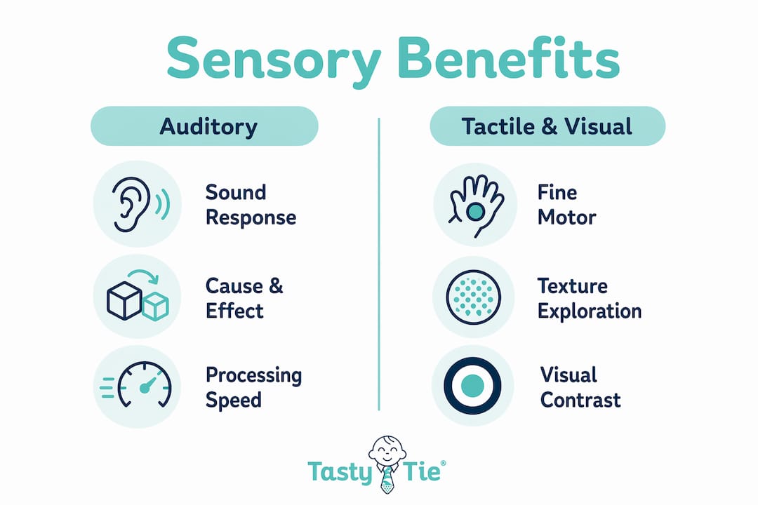 Infographic showing sensory benefits of crinkle toys