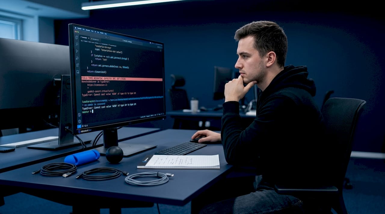 Engineer reacting to data error on computer screen