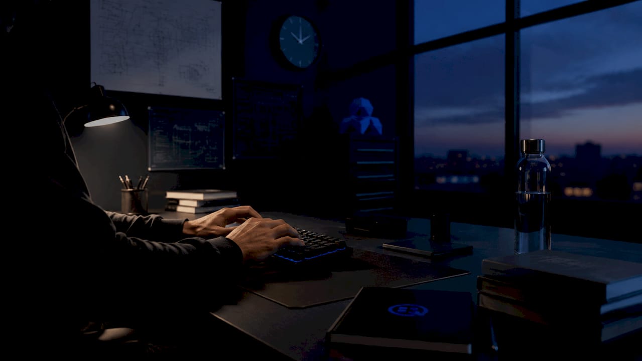 Hands typing data freshness monitoring commands