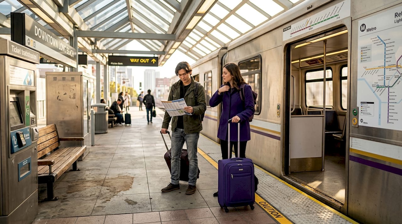 Travelers with suitcases at Long Beach metro station