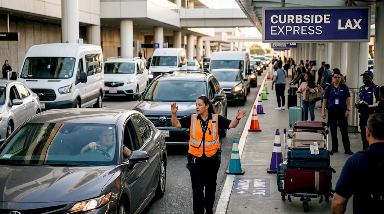 Airport staff managing busy private car curb area