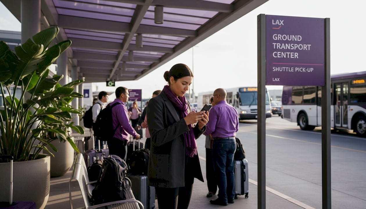 Travelers waiting at LAX Ground Transport Center shuttle stop
