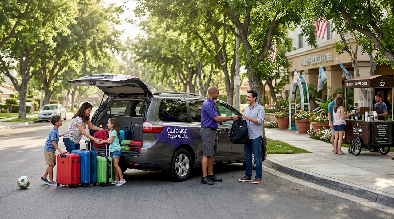 Family unloading bags at Anaheim hotel curb