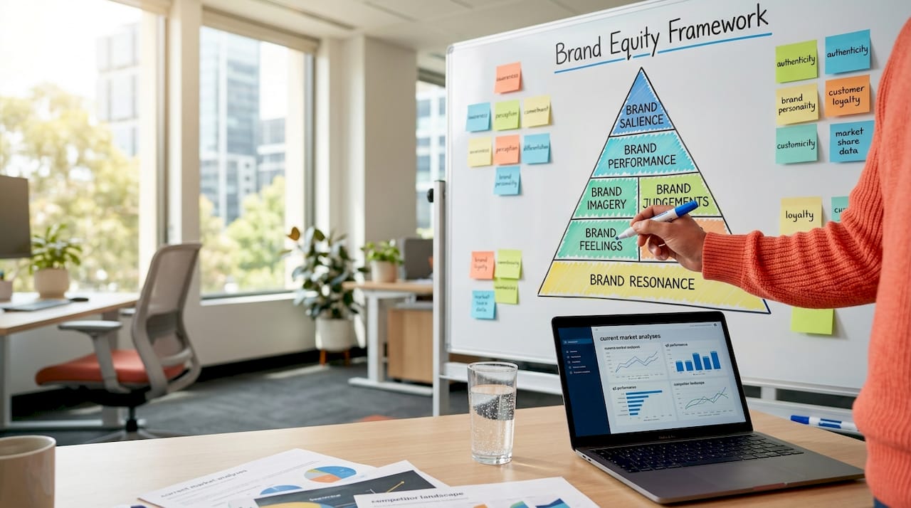 Whiteboard with layered brand equity framework in conference room