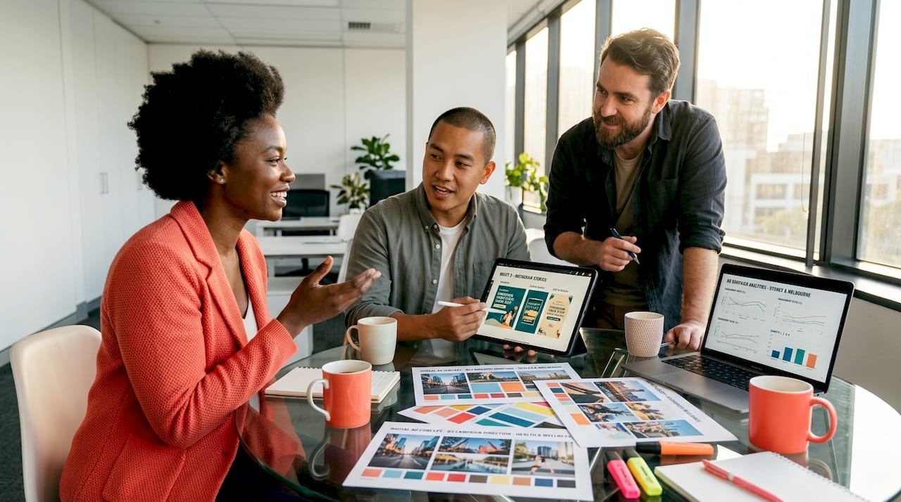 Creative team collaborating on ecommerce ad concepts