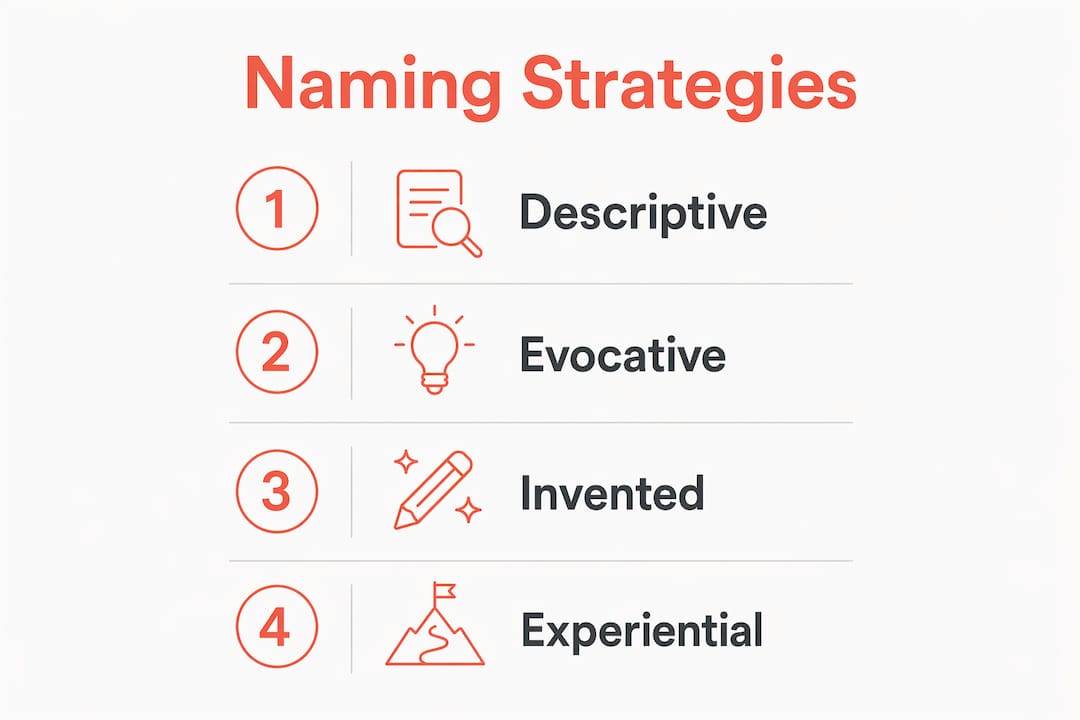 Infographic illustrating ecommerce brand naming strategy steps