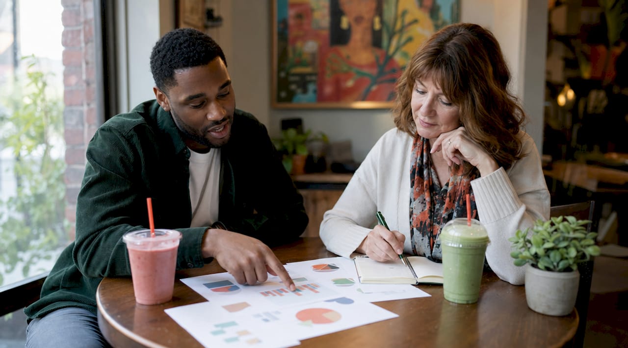 Two professionals discussing referral rewards