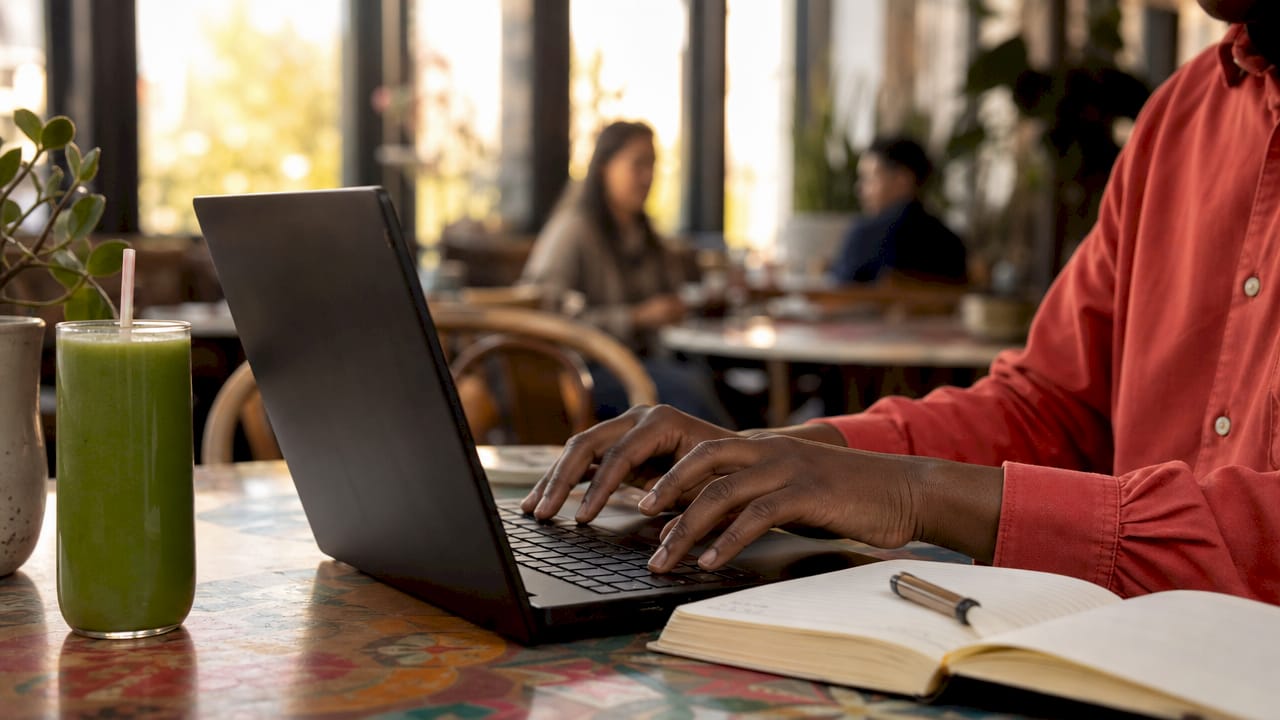 Hands typing on laptop configuring ads