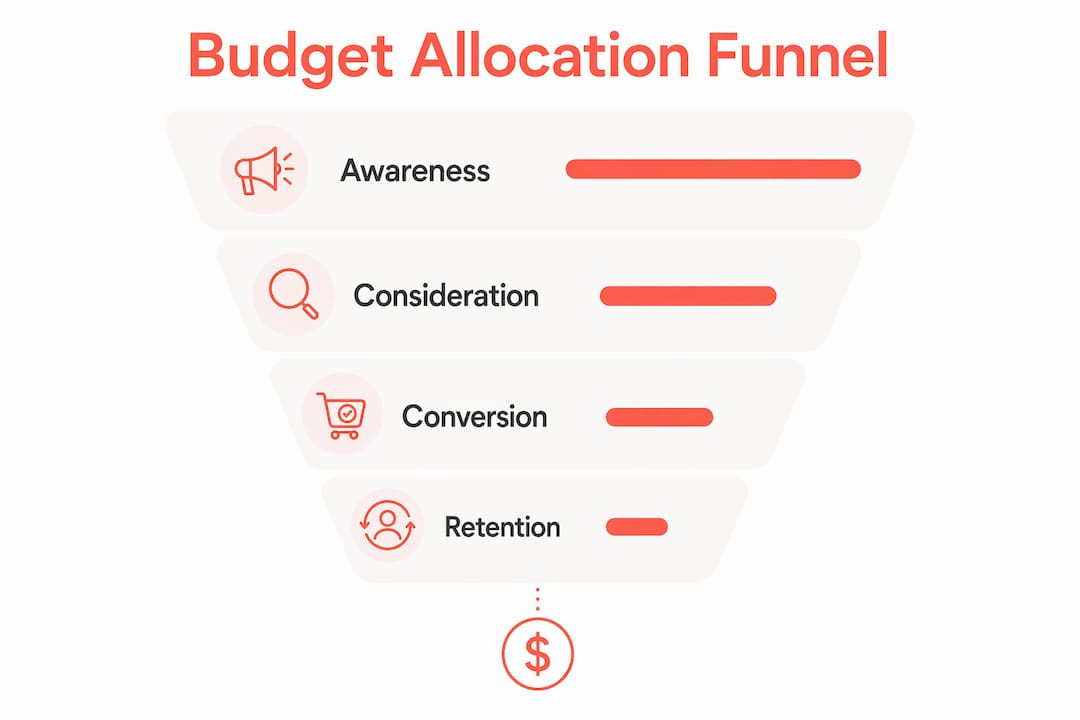 Infographic illustrating paid media budget allocation across funnel stages