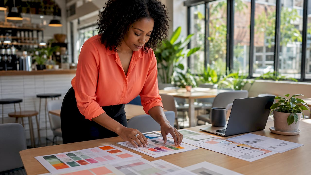 Hands arranging pricing charts in meeting room