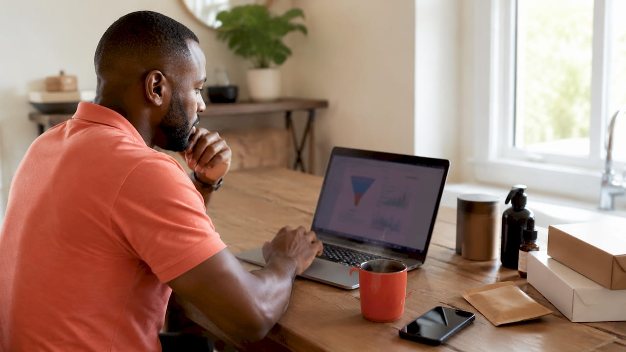Entrepreneur analyzing ecommerce sales funnel metrics