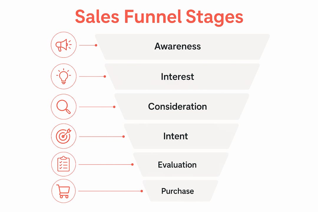 Infographic depicting six stages of digital sales funnel
