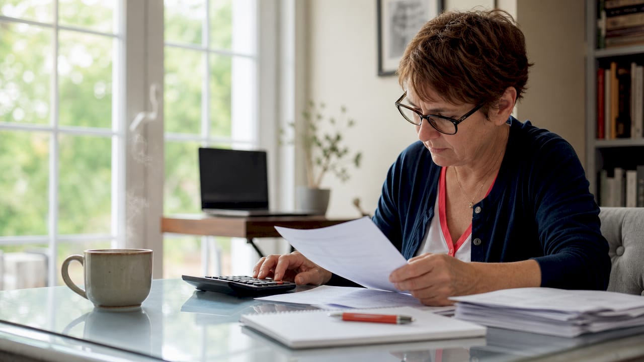Hands calculating CPA with calculator and invoices