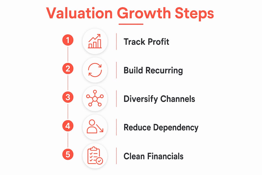 Infographic showing five key steps to grow ecommerce valuation