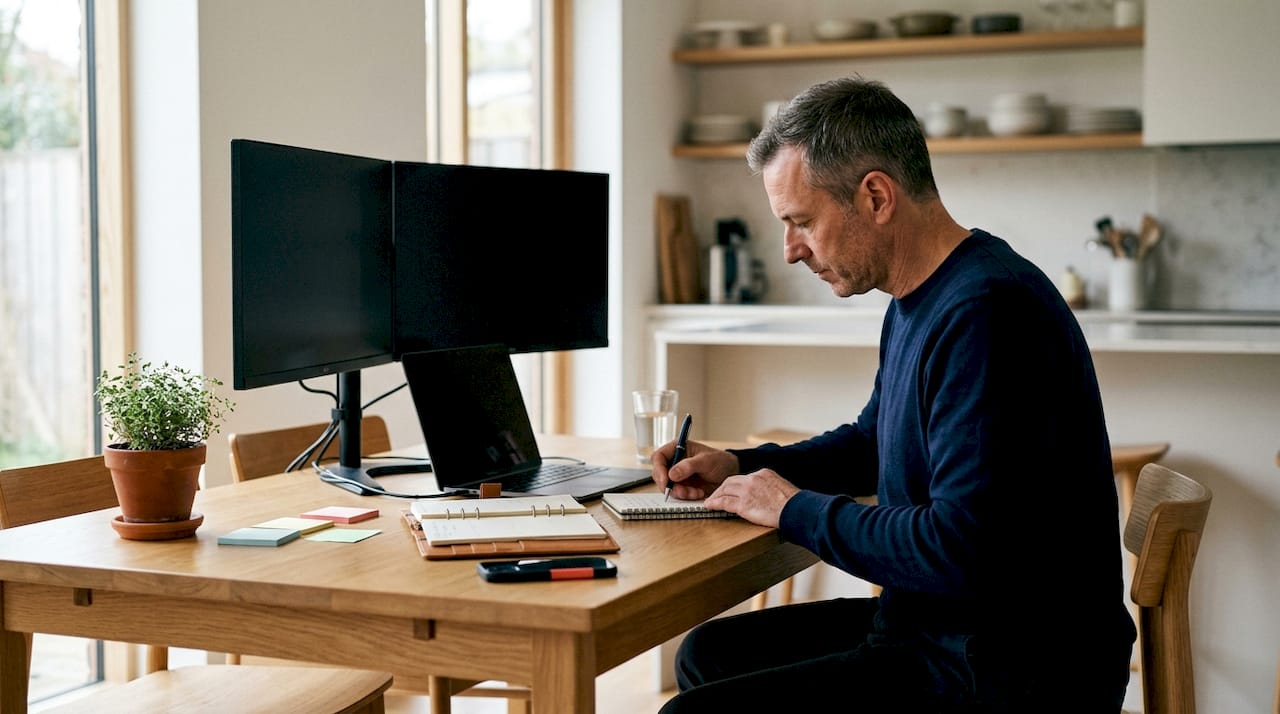 Man planning buyer journey content at home office