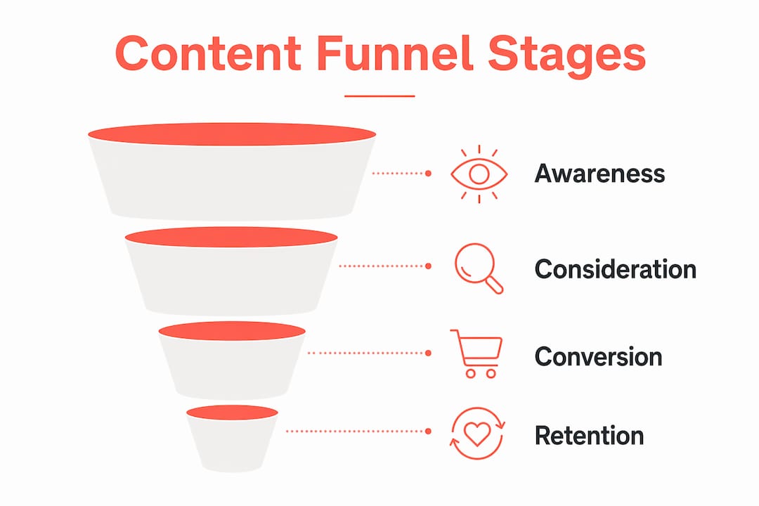 Infographic illustrating stages of content marketing funnel