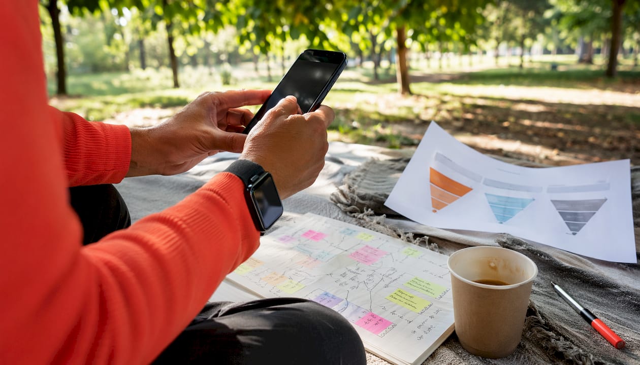 Hands reviewing behavioural retargeting notes and phone
